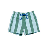 Green and light blue striped shorts with a drawstring on a white background