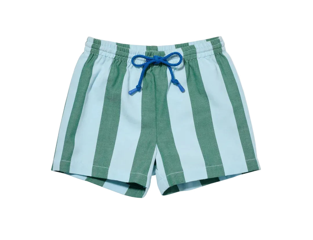 Green and light blue striped shorts with a drawstring on a white background
