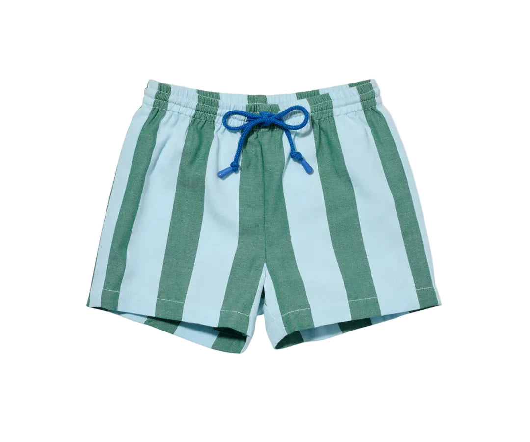 Green and light blue striped shorts with a drawstring on a white background