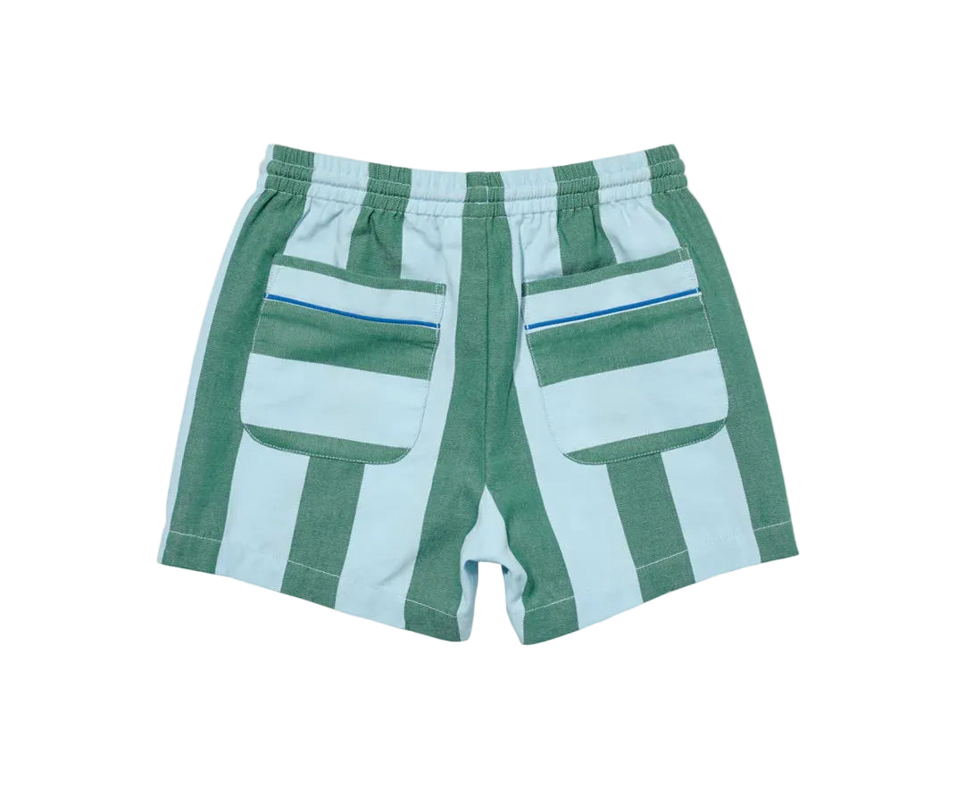Green and light blue shorts on a white background