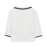 White sweater with black trim on a white background
