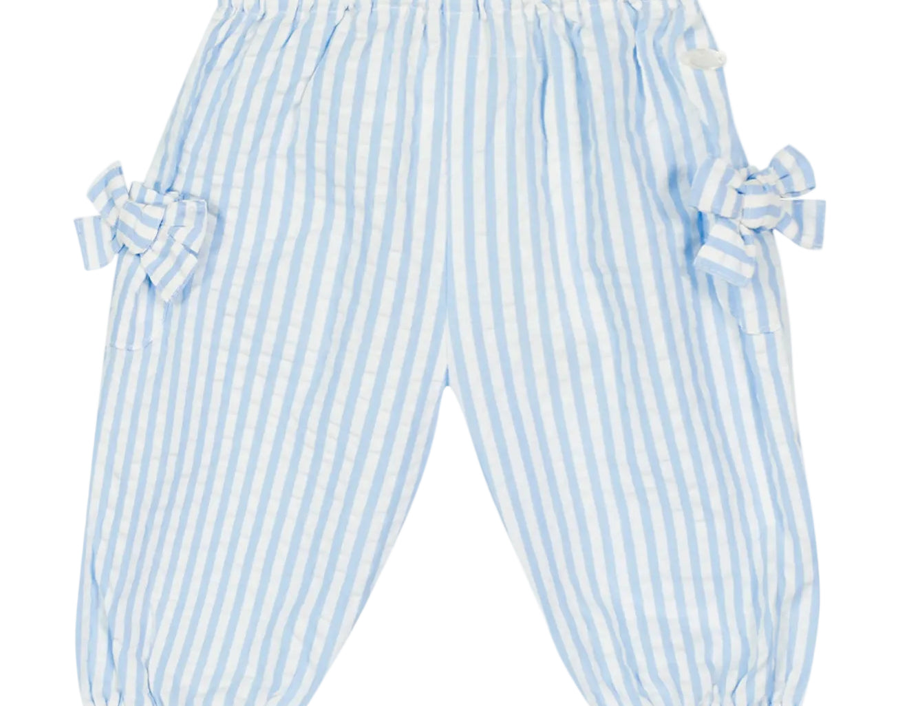 Blue and white striped baby pants with ruffles on a white background