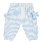 Blue and white striped baby pants with ruffles on a white background