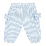 Blue and white striped baby pants with ruffles on a white background