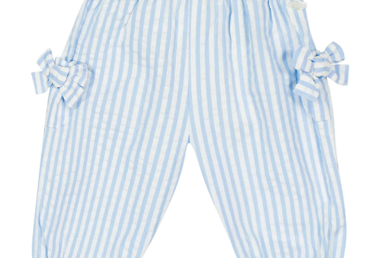 Blue and white striped baby pants with ruffles on a white background