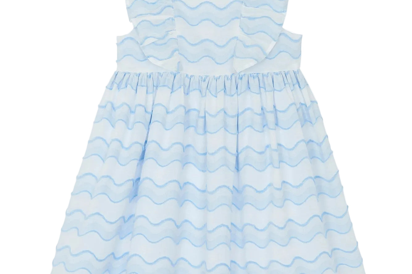 Blue and white striped dress on a white background