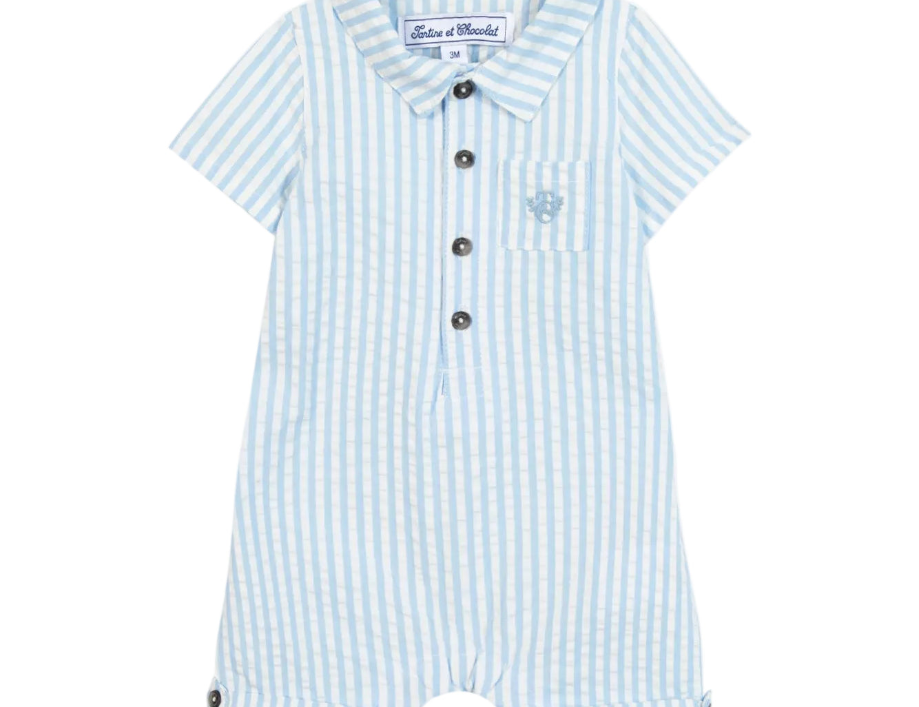 Striped baby romper with buttons on a white background