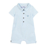 Striped baby romper with buttons on a white background