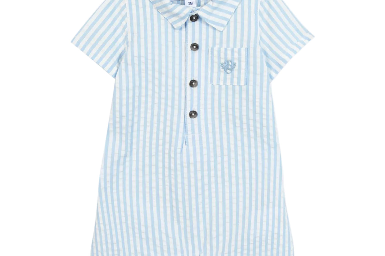 Striped baby romper with buttons on a white background