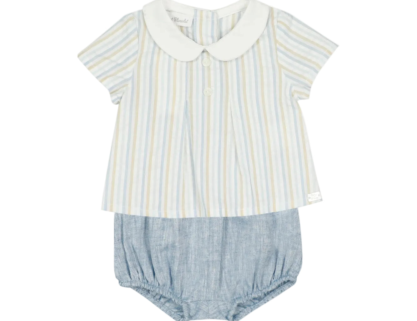 Baby outfit with striped shirt and bloomers on a white background