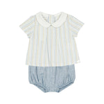 Baby outfit with striped shirt and bloomers on a white background