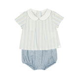 Baby outfit with striped shirt and bloomers on a white background