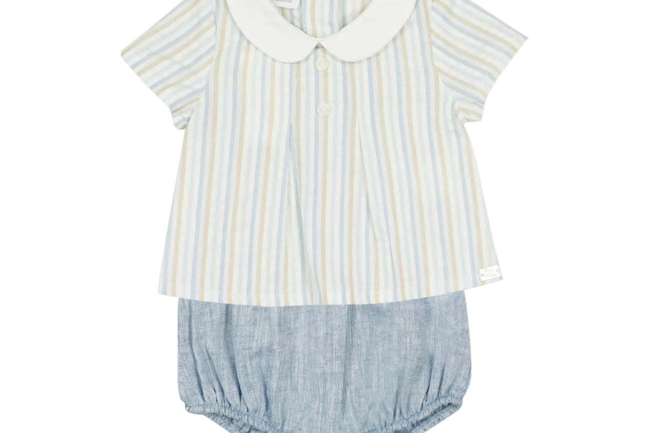 Baby outfit with striped shirt and bloomers on a white background