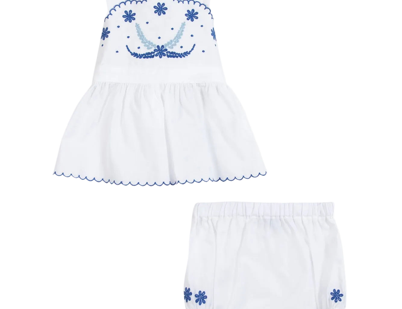 White baby dress with blue floral embroidery on a white background