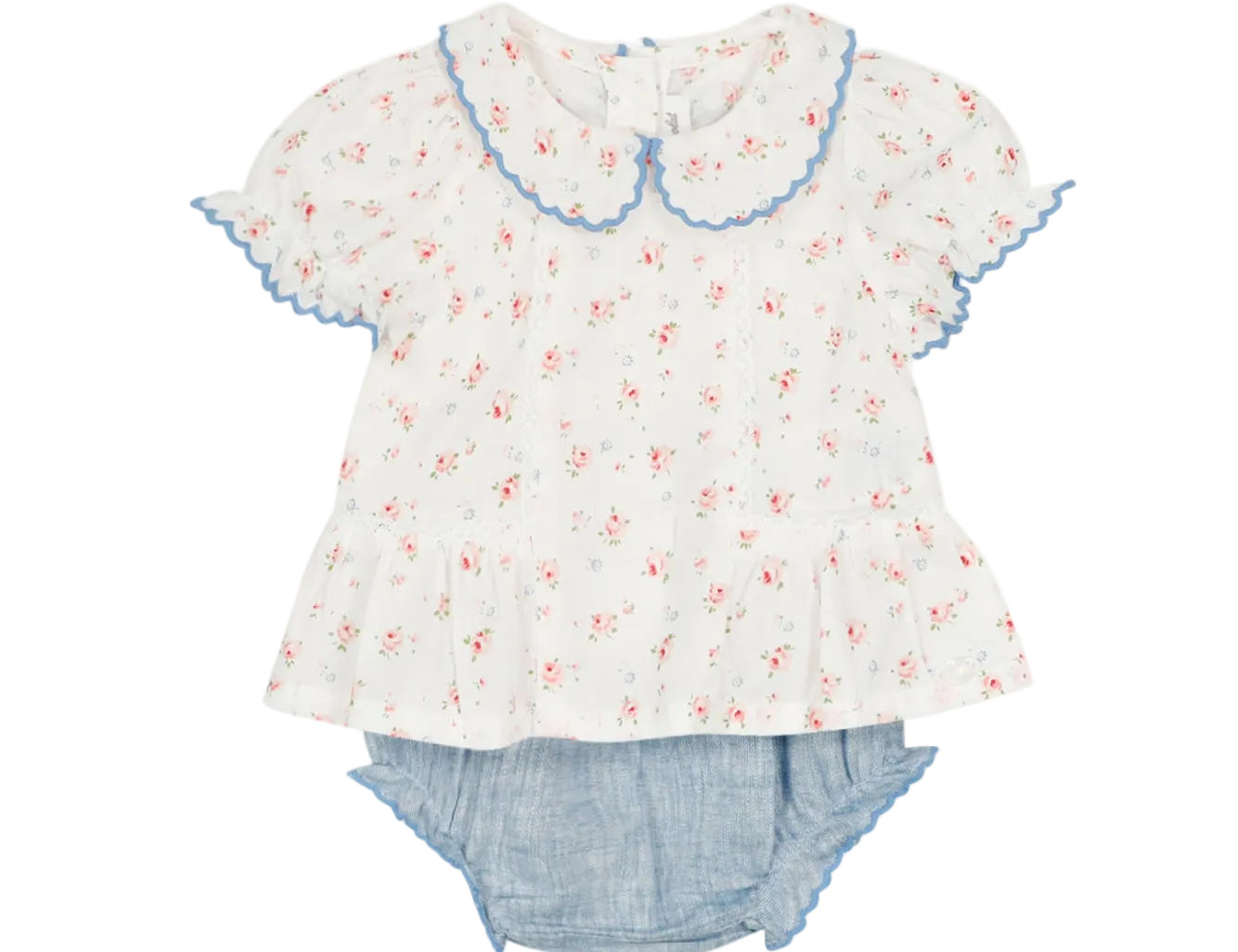 Floral blouse with ruffled collar and denim shorts on a white background