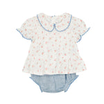 Floral blouse with ruffled collar and denim shorts on a white background
