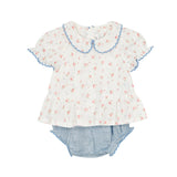 Floral blouse with ruffled collar and denim shorts on a white background