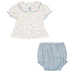 Floral blouse and denim bloomers set on a white background
