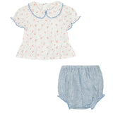 Floral blouse and denim bloomers set on a white background