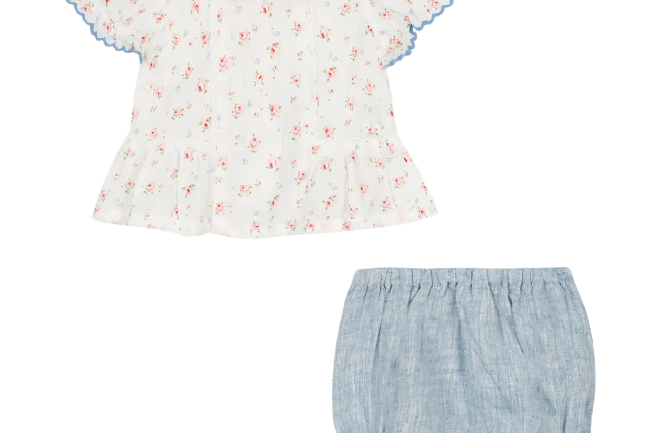Floral blouse and denim bloomers set on a white background