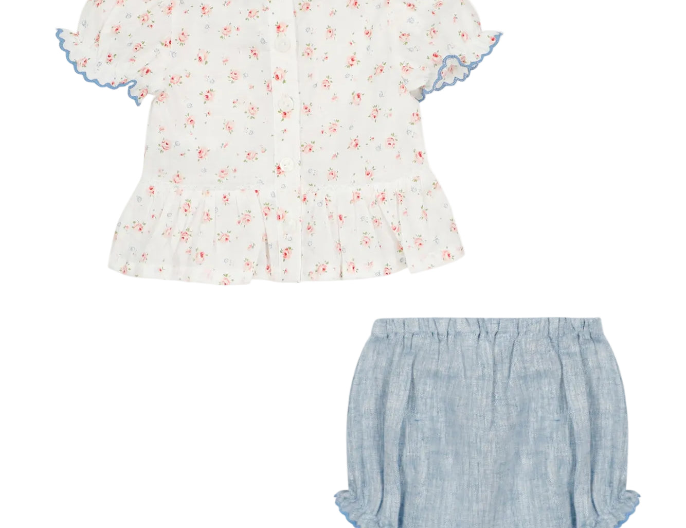 Baby outfit with floral top and denim bloomers on a white background
