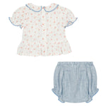Baby outfit with floral top and denim bloomers on a white background