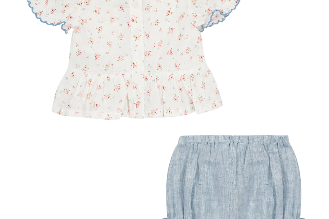 Baby outfit with floral top and denim bloomers on a white background