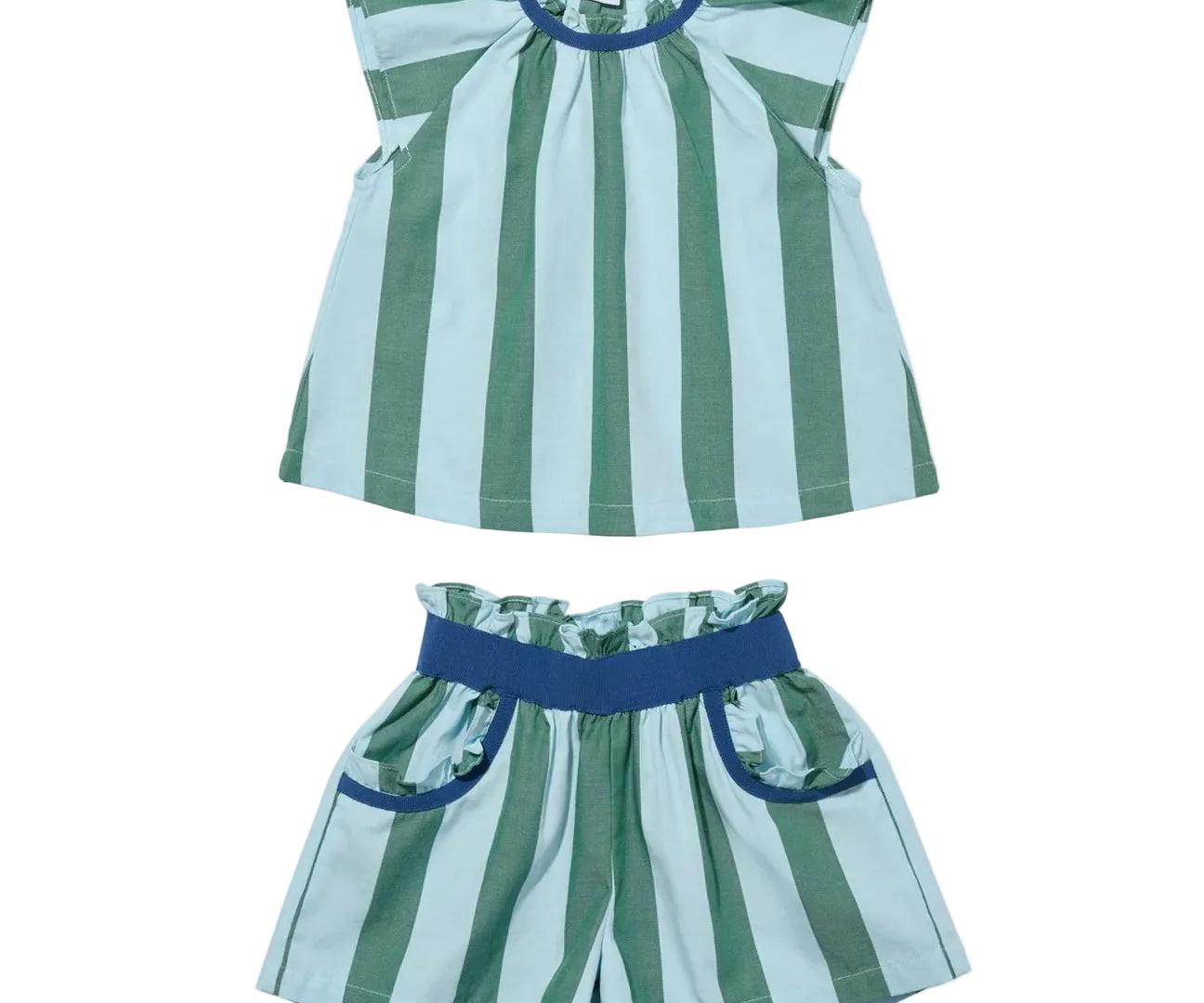 Green and blue striped children's outfit with top and shorts on a white background