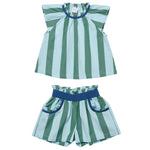 Green and blue striped children's outfit with top and shorts on a white background
