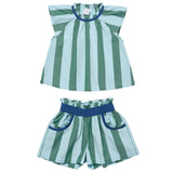 Green and blue striped children's outfit with top and shorts on a white background