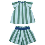 Green and blue striped top and shorts set on a white background