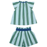 Green and blue striped top and shorts set on a white background