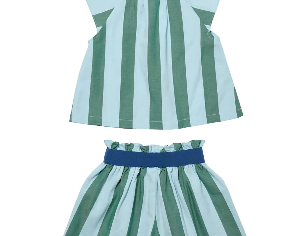 Green and blue striped top and shorts set on a white background