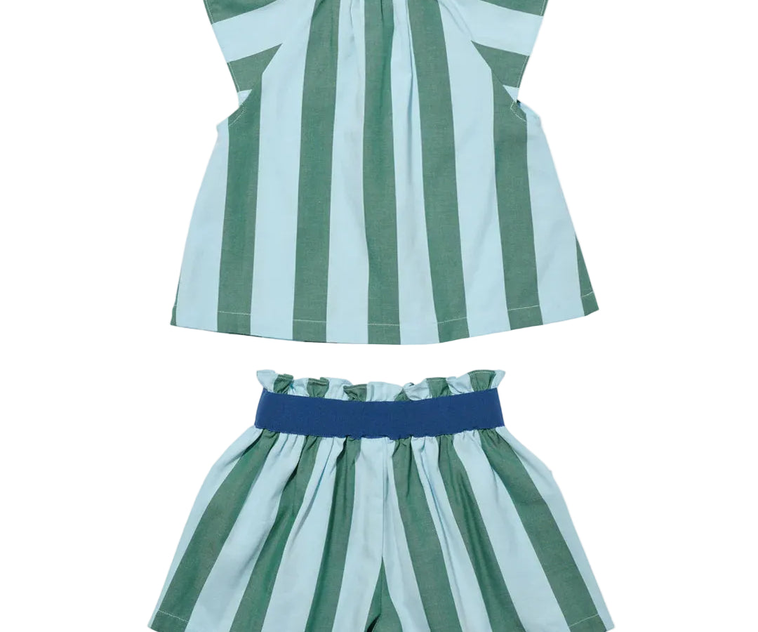 Green and blue striped top and shorts set on a white background