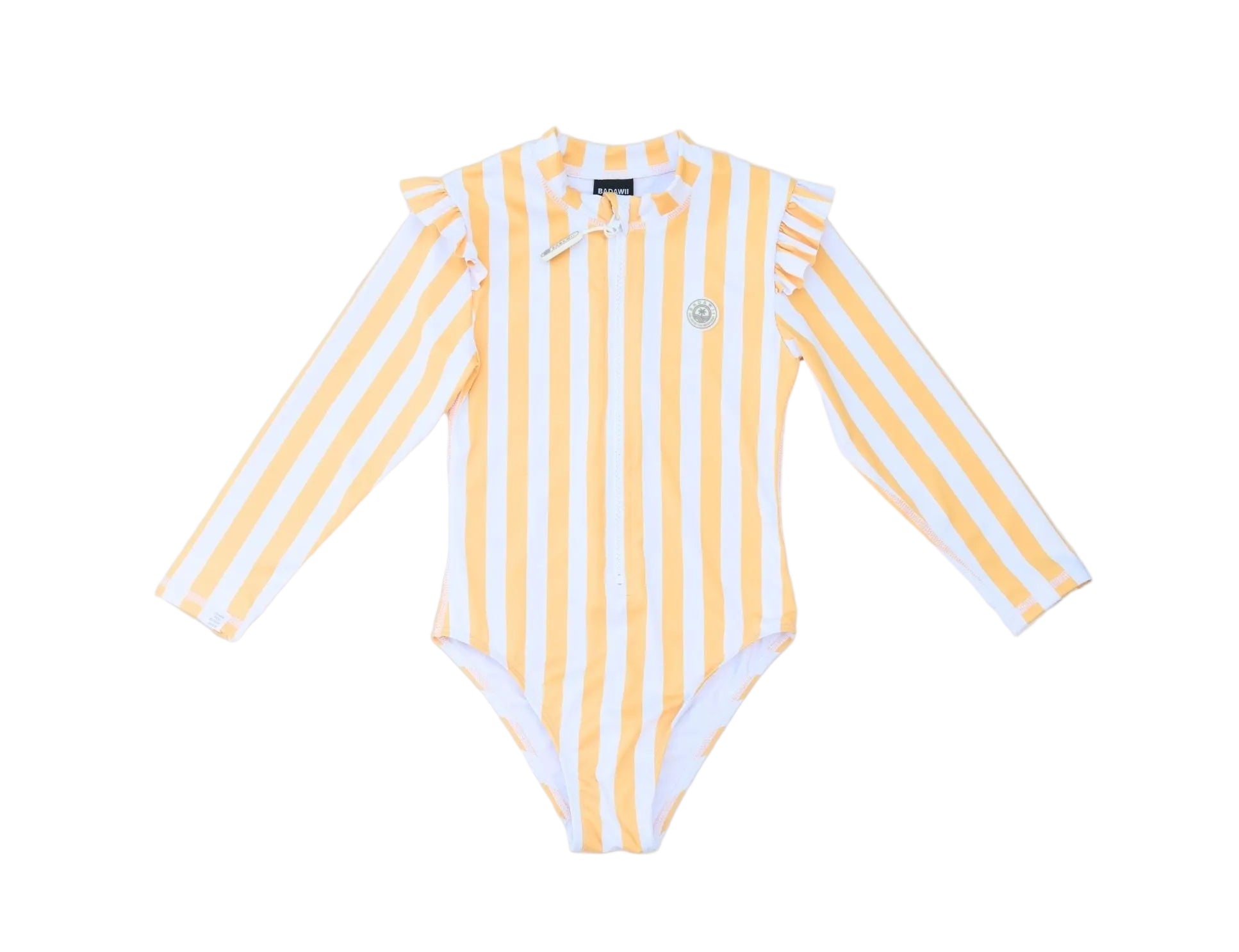 Yellow and white striped long-sleeve swimsuit on a white background