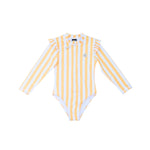 Yellow and white striped long-sleeve swimsuit on a white background