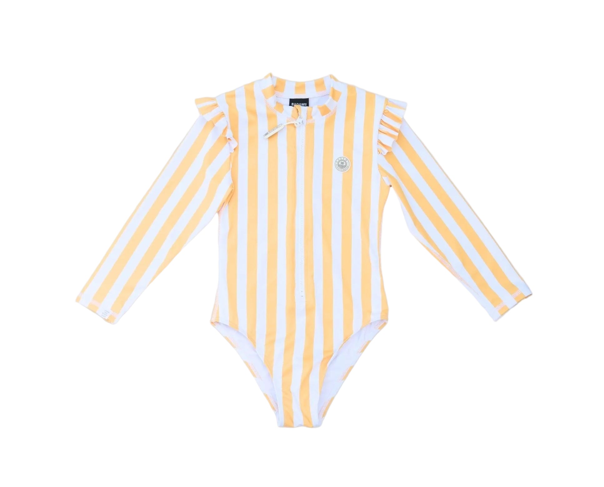 Yellow and white striped long-sleeve swimsuit on a white background