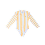 Yellow and white striped long-sleeve swimsuit on a white background