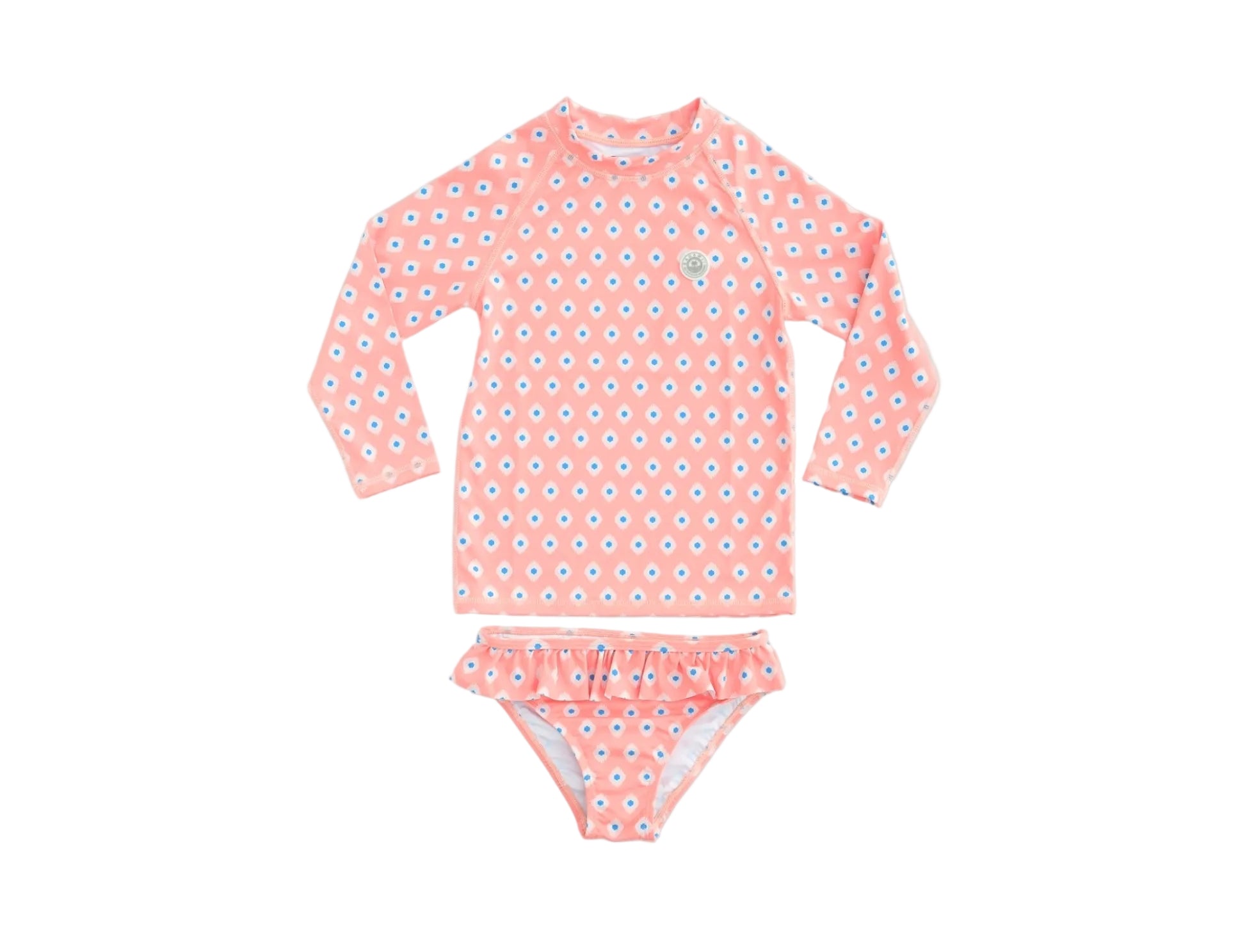 Pink children's swimsuit with white floral pattern on a light gray background