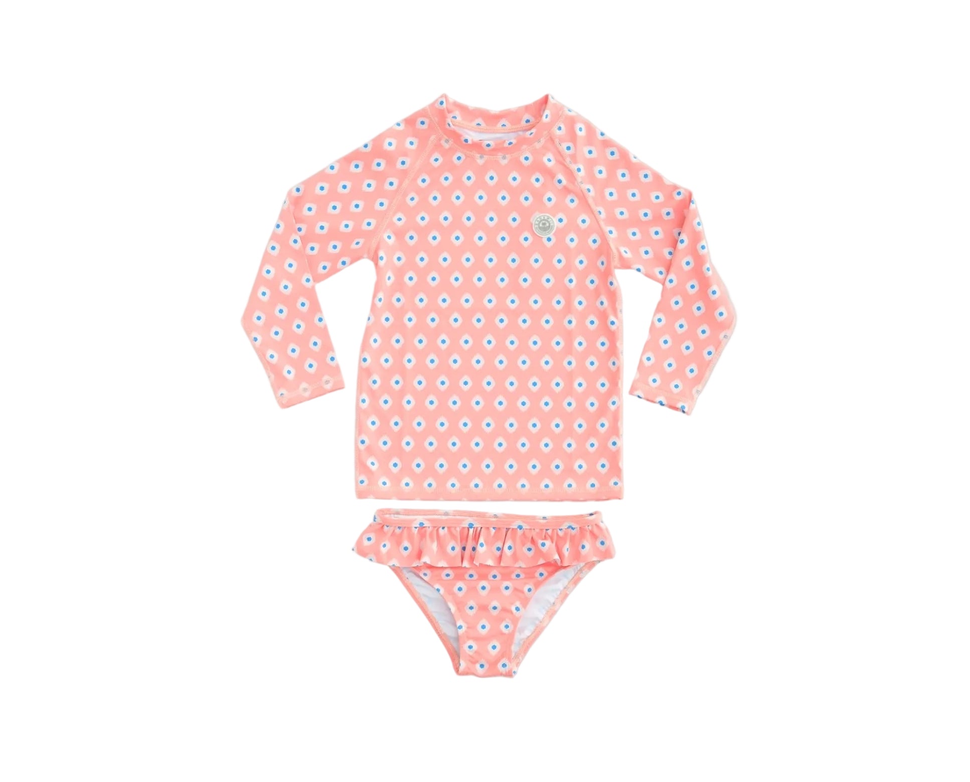Pink children's swimsuit with white floral pattern on a light gray background
