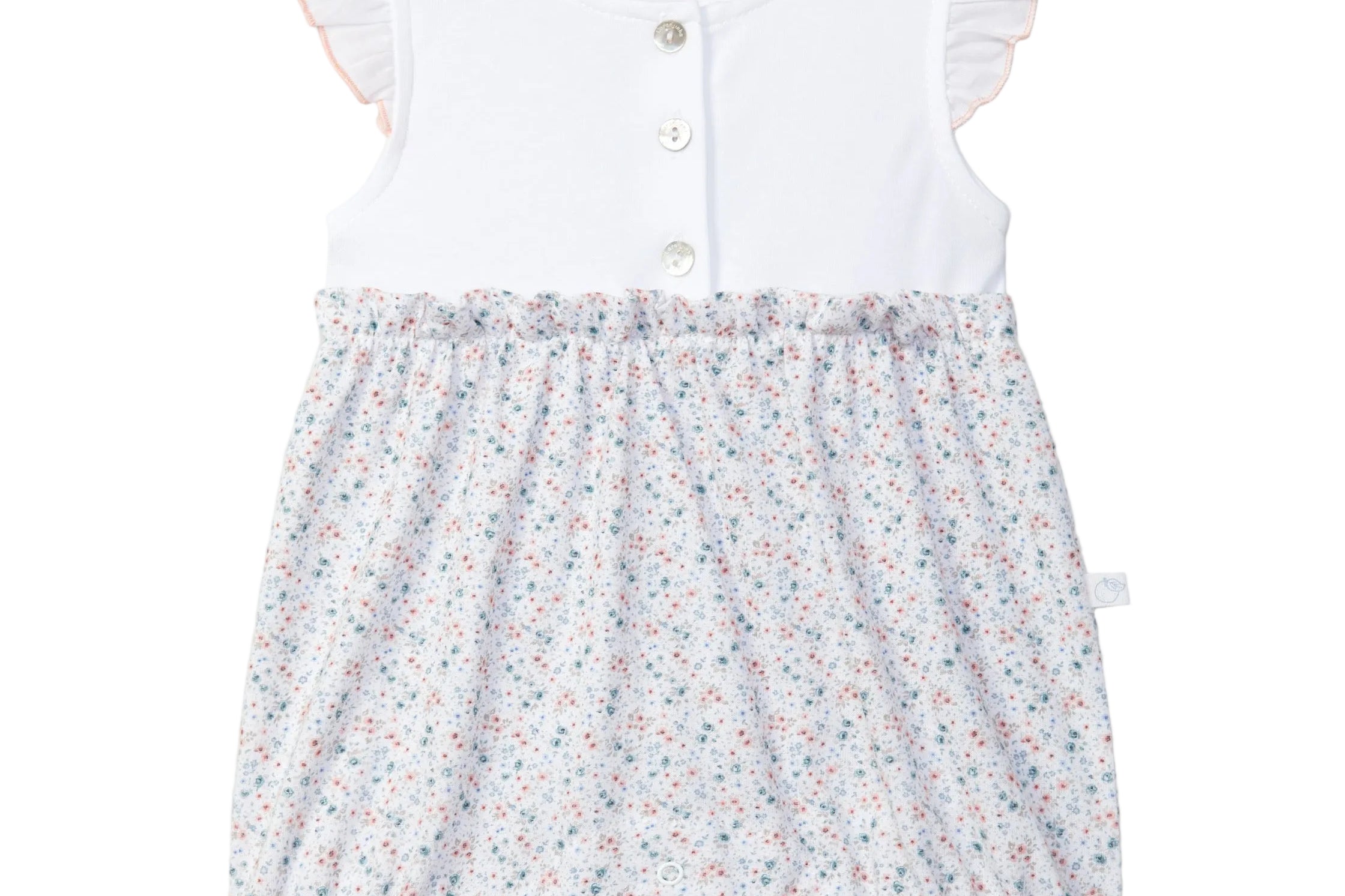 Baby romper with floral pattern on a light gray background