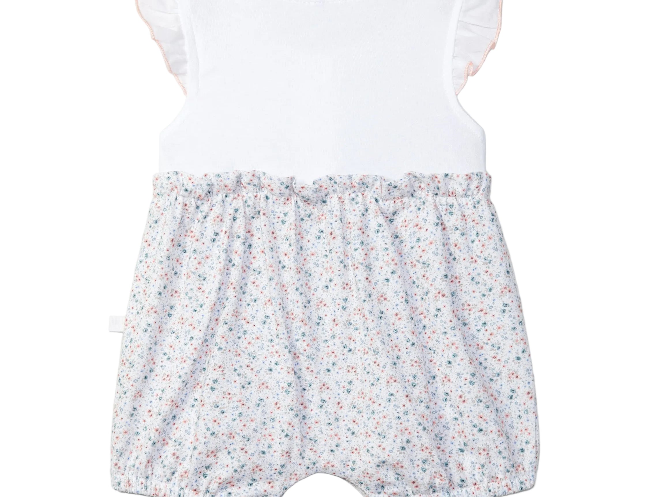 Baby romper with floral shorts and white top on a light gray background